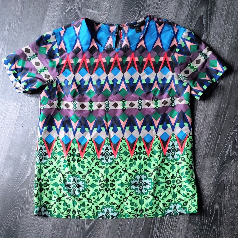 J Crew multicolor geo print silk top